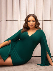 Plus Size V Neck Split Sleeve Bodycon Dress in Green