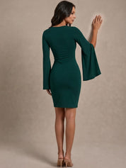 V Neck Split Sleeve Bodycon Mini Dress in Green