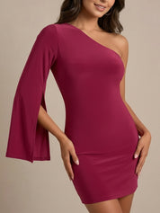 One-Shoulder Long Sleeve Mini Dress in Purple