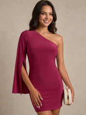 One-Shoulder Long Sleeve Mini Dress in Purple