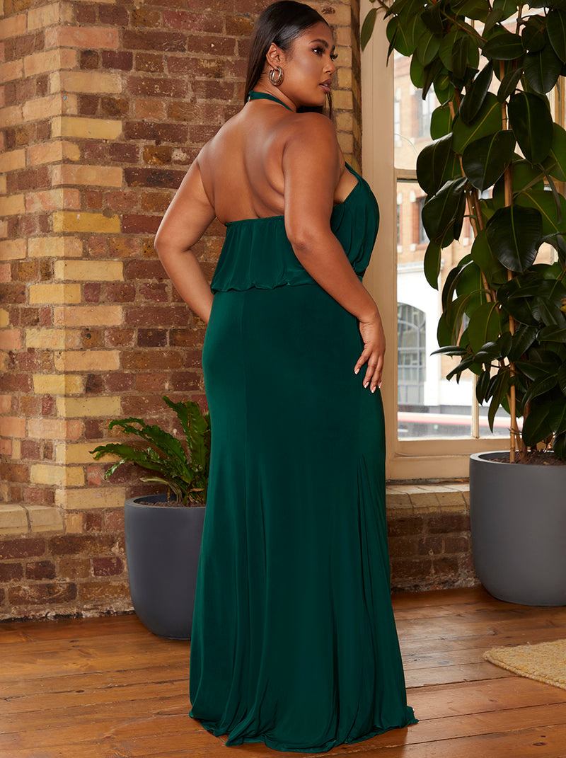 Plus Size Halter Style Ruched Maxi Dress in Green