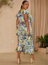 Plus Size V Neck Floral Wrap Midi Dress in Multi