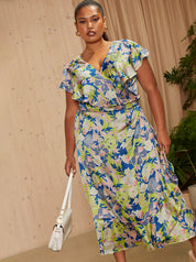 Plus Size V Neck Floral Wrap Midi Dress in Multi