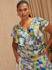 Plus Size V Neck Floral Wrap Midi Dress in Multi