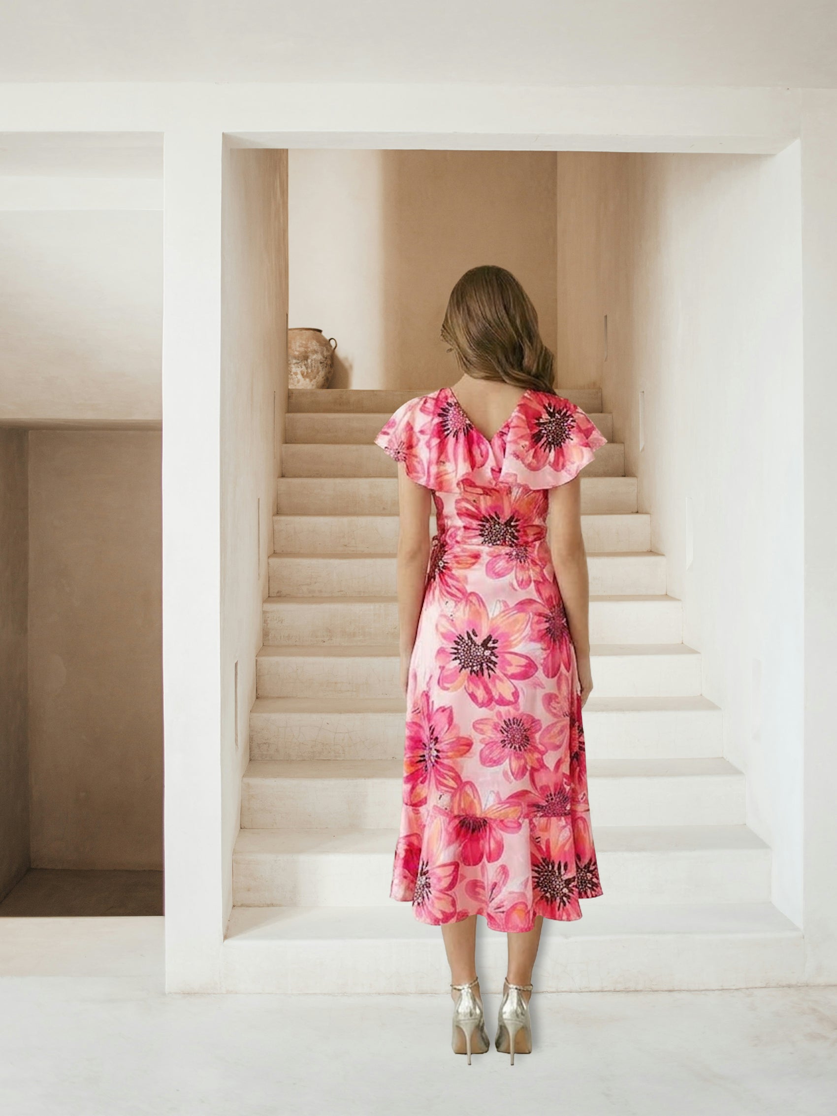 Flutter Sleeve Satin Wrap Dress in Pink