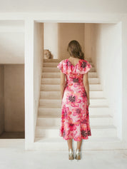 Flutter Sleeve Satin Wrap Dress in Pink