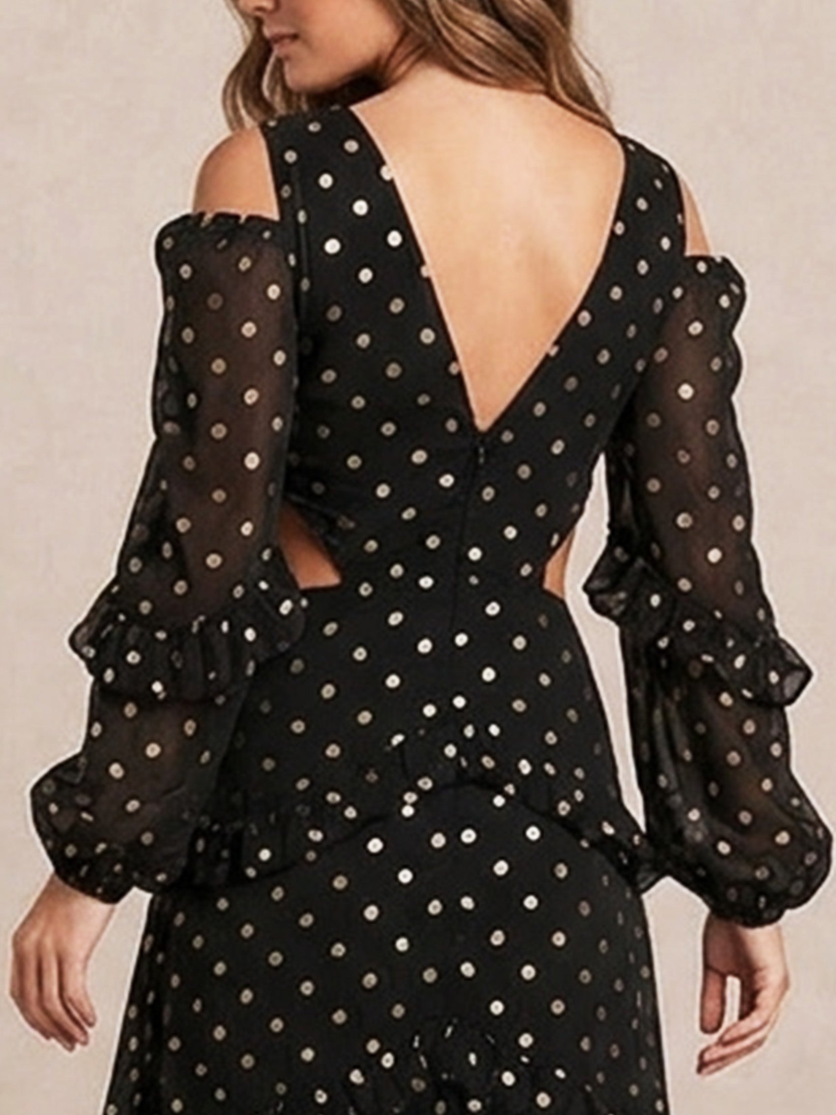 Long Sleeve Ruffle Detail Foil Spot Detail Maxi Dress in Black
