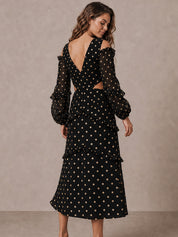 Long Sleeve Ruffle Detail Foil Spot Detail Maxi Dress in Black