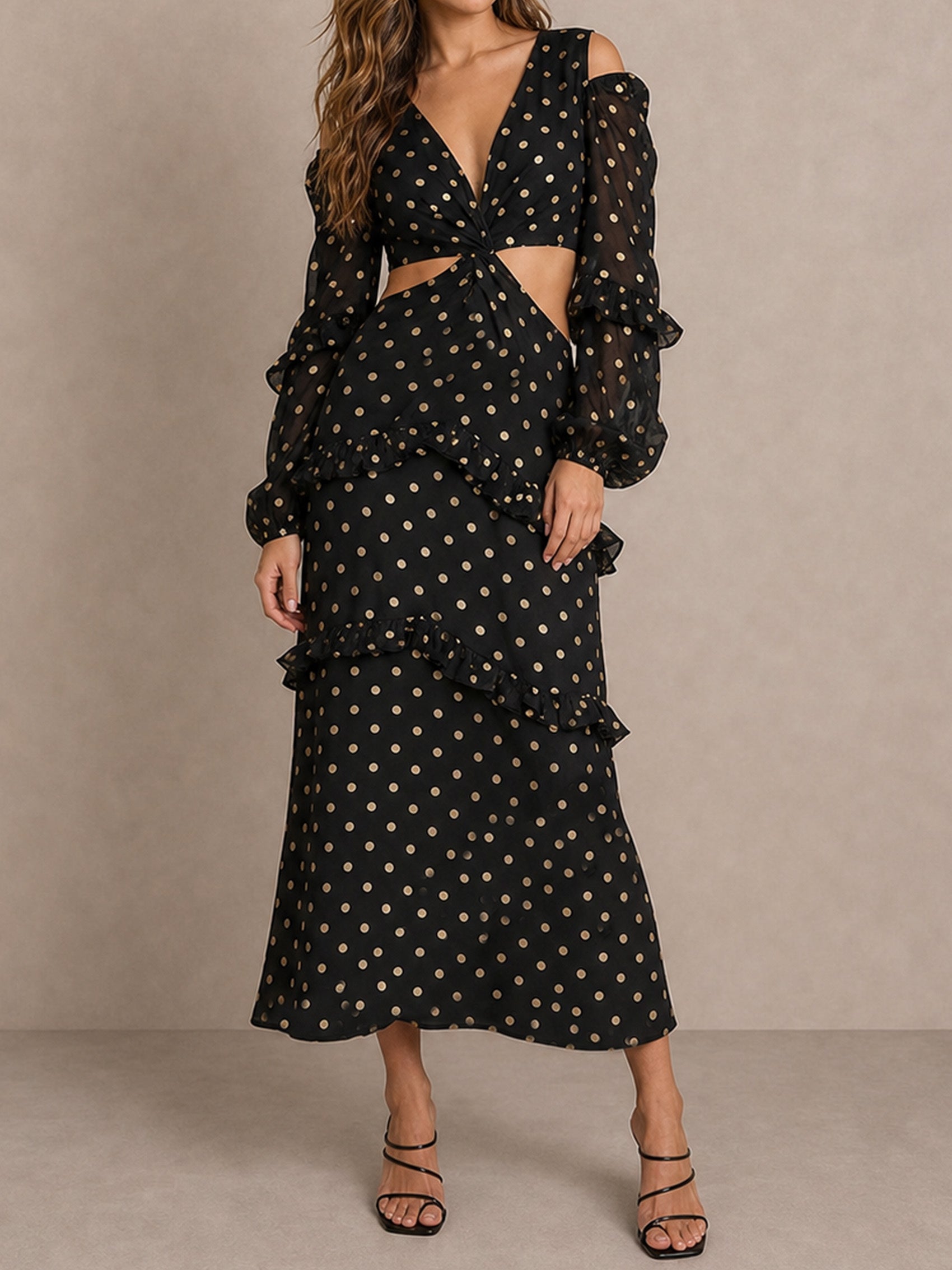 Long Sleeve Ruffle Detail Foil Spot Detail Maxi Dress in Black