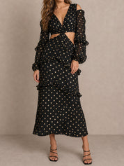 Long Sleeve Ruffle Detail Foil Spot Detail Maxi Dress in Black
