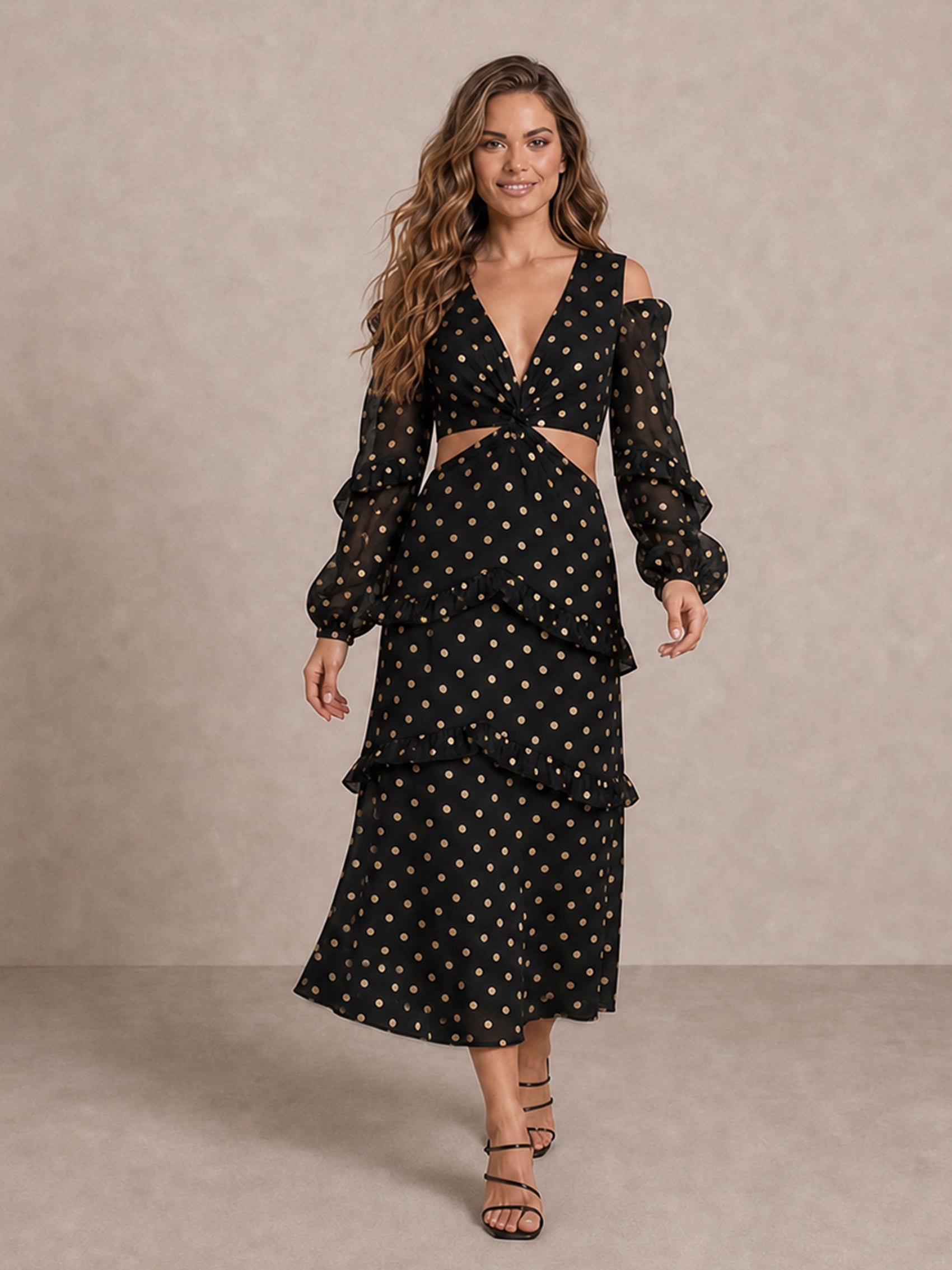 Long Sleeve Ruffle Detail Foil Spot Detail Maxi Dress in Black