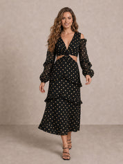 Long Sleeve Ruffle Detail Foil Spot Detail Maxi Dress in Black