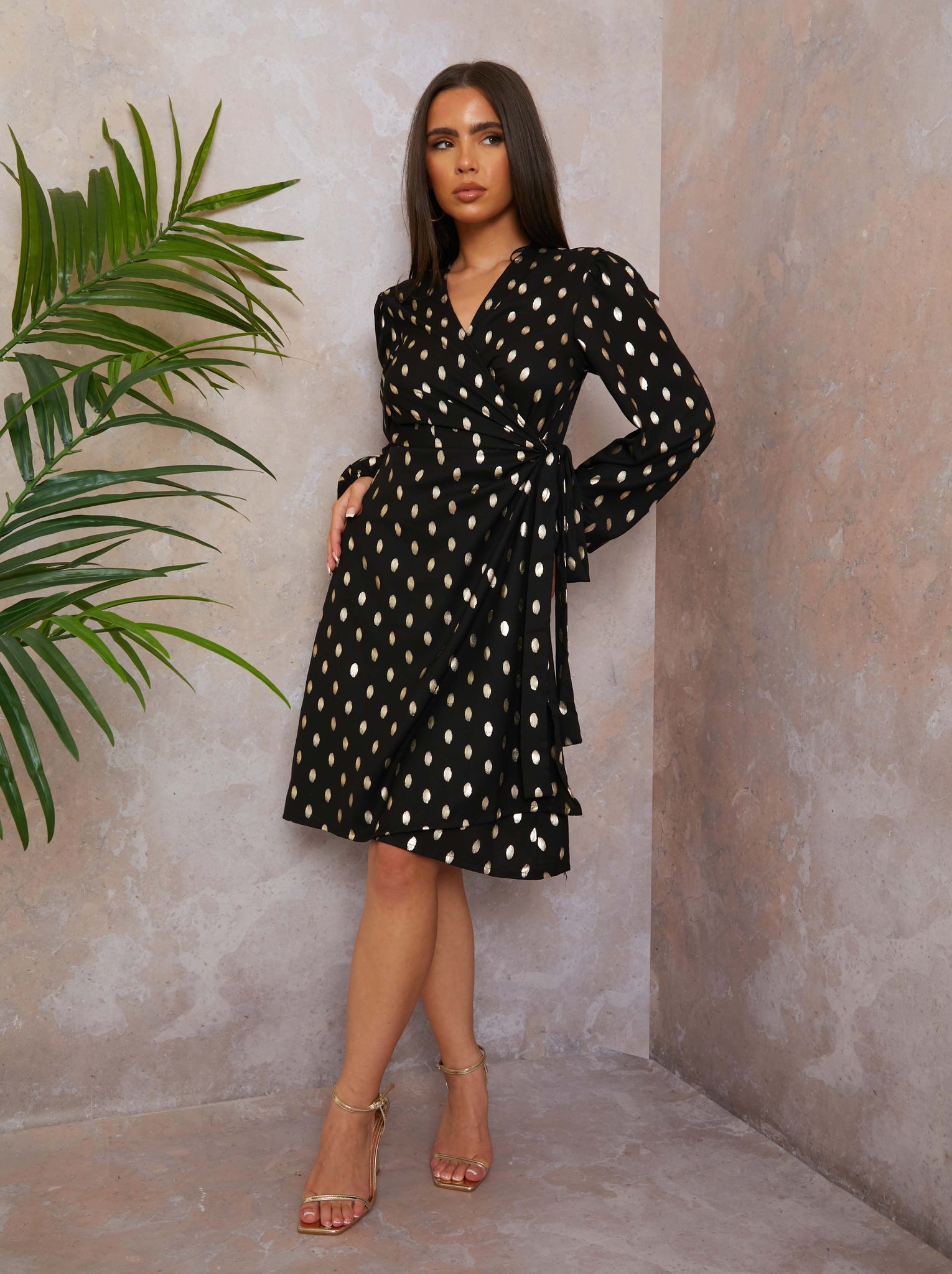 Ruffle Sleeve Foil Spot Wrap Mini Dress in Black 6 Ruffle Sleeve Foil Spot Wrap Mini Dress in Black 6
