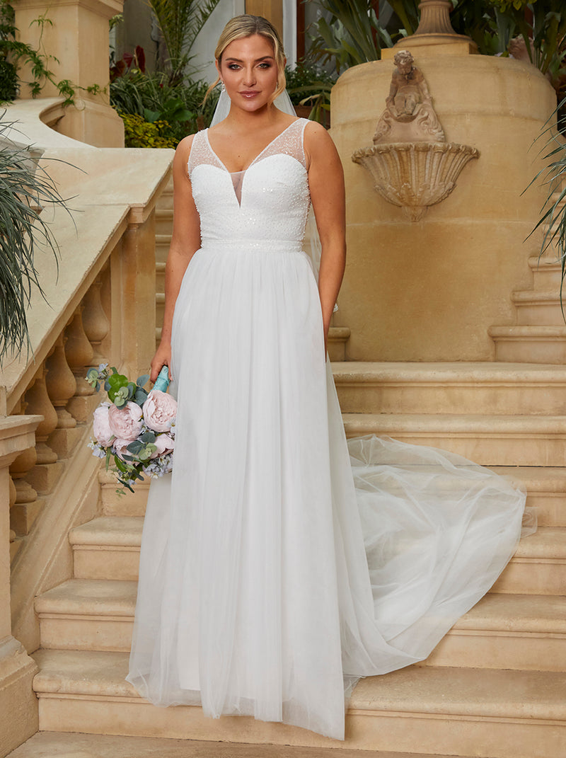 Sequin Bodice Tulle Maxi Wedding Dress in White