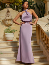 Halter Neck Satin Maxi Dress in Lilac