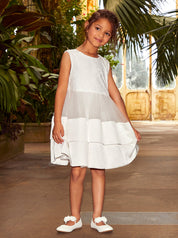 Younger Girls Lace Tiered Midi Dress in White