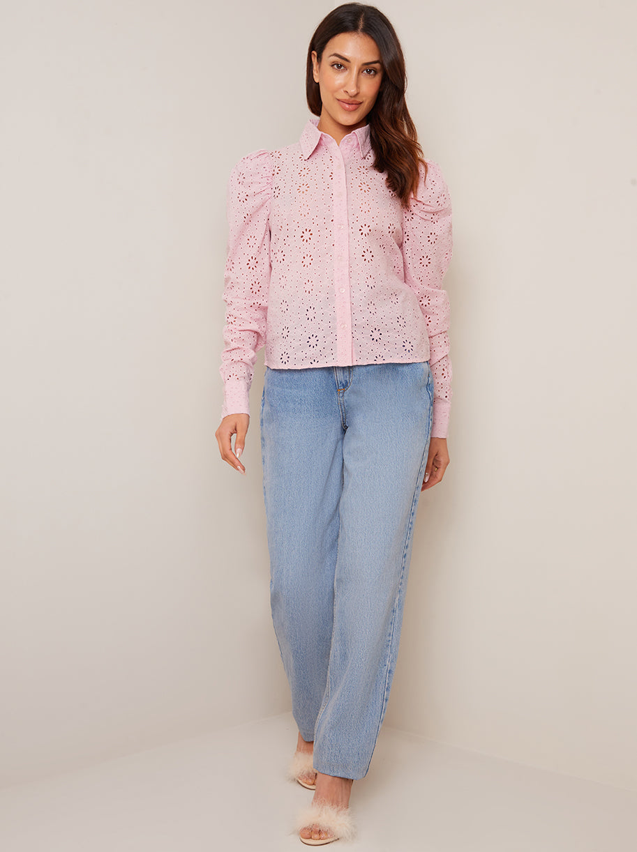 Broderie Anglaise Puff Sleeve Shirt in Pink