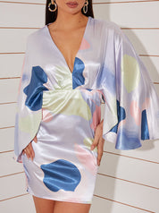 Cape Sleeve Abstract Printed Dress in Lilac