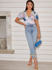 Short Sleeve Abstract Printed Top in Lilac