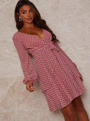 Polka Dot Chiffon Wrap Midi Dress in Pink