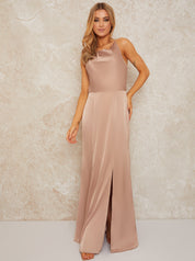 Satin Slip Cowl Neck Maxi Dress in Champagne