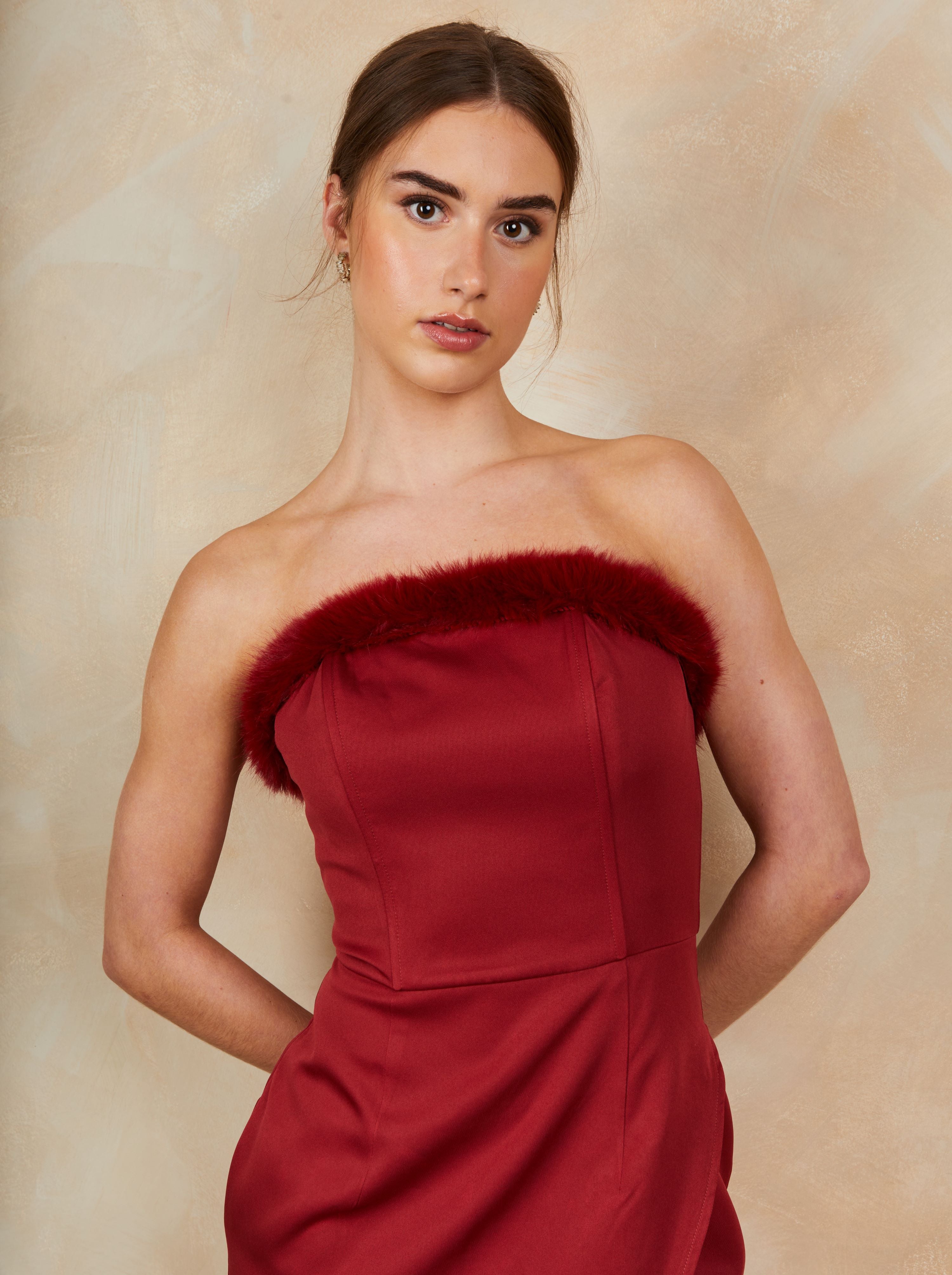 Faux Feather Trim Mini Dress in Red