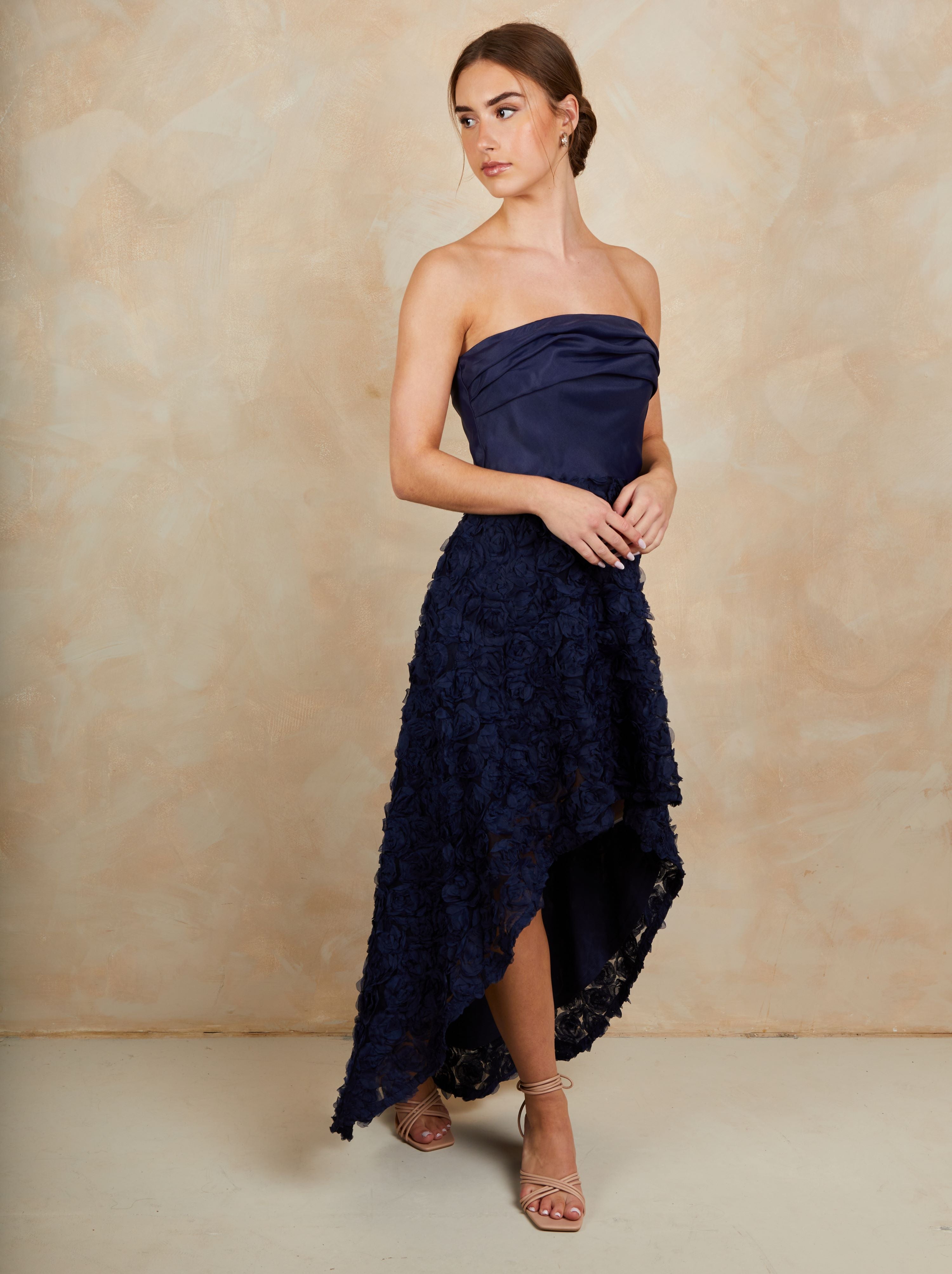 3D Floral Dip Hem Dress in Navy