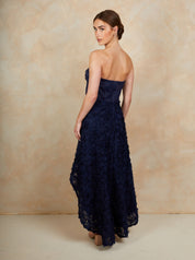 3D Floral Dip Hem Dress in Navy