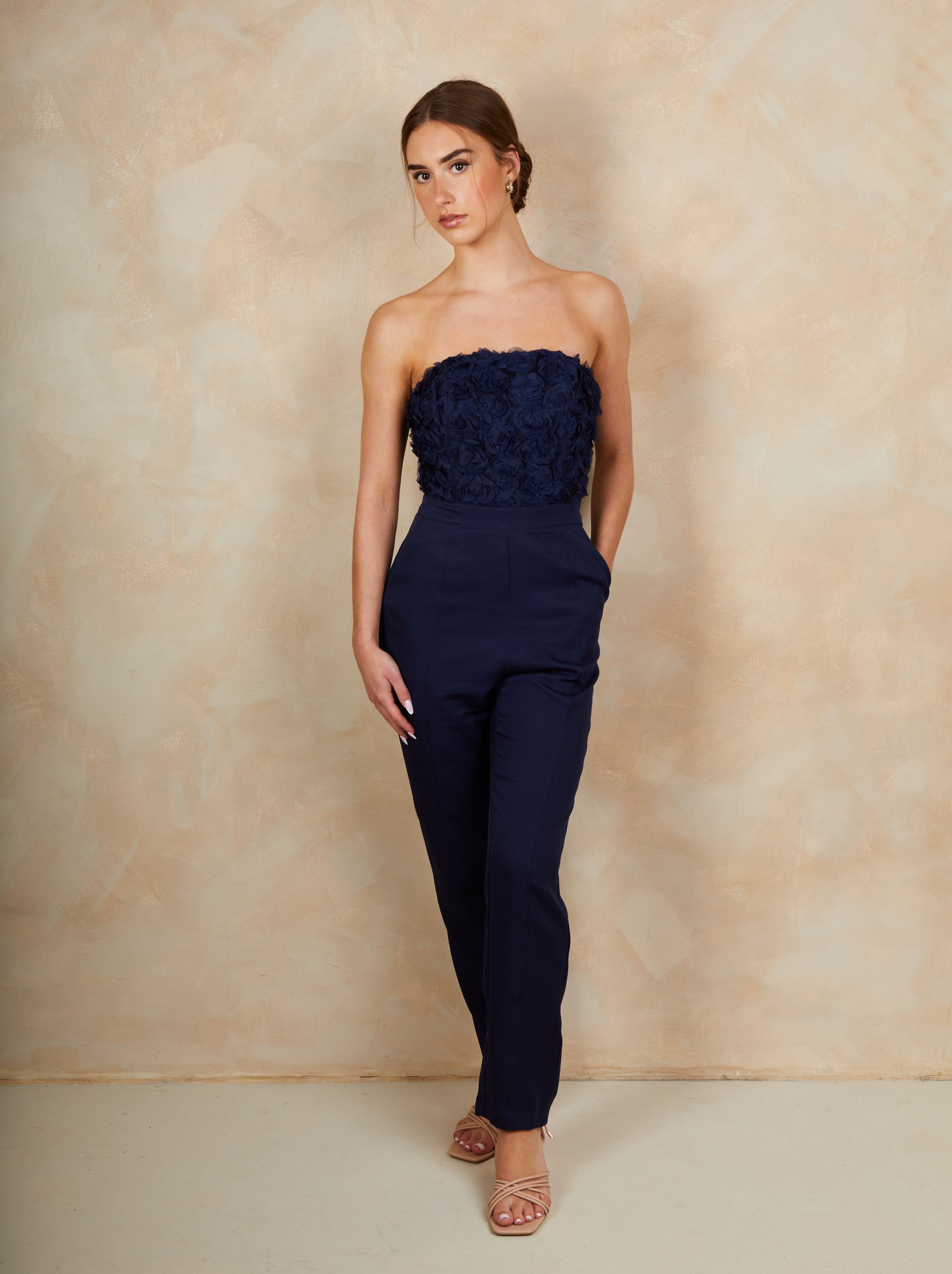 3D Floral Bandeau Jumpsuit in Navy