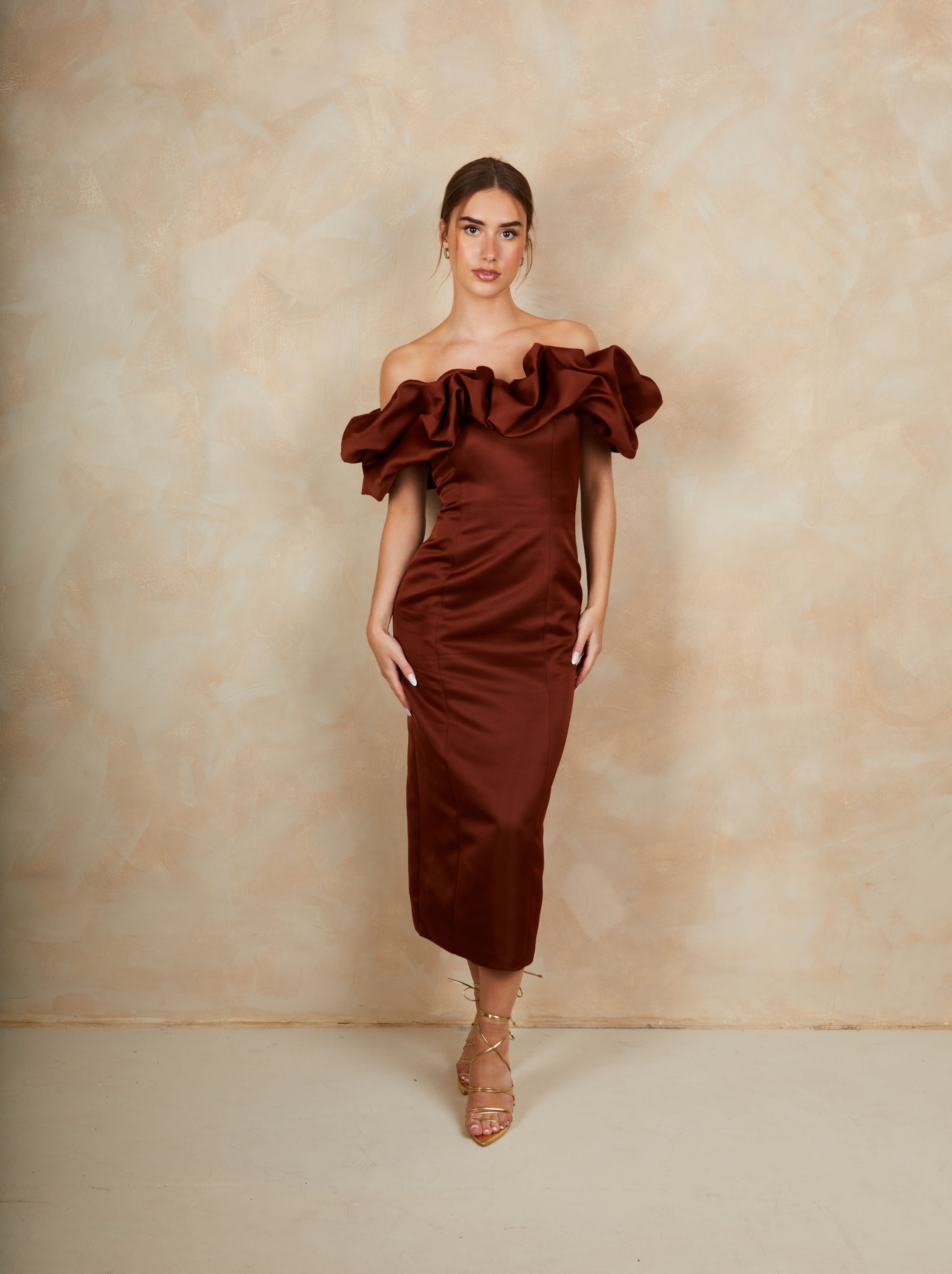 Ruffle Bardot Satin Midi Dress in Chocolate
