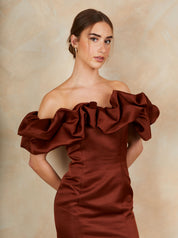 Ruffle Bardot Satin Midi Dress in Chocolate