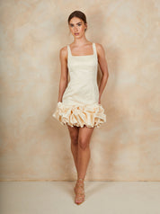 Ruffle Hem Satin Mini Dress in Cream