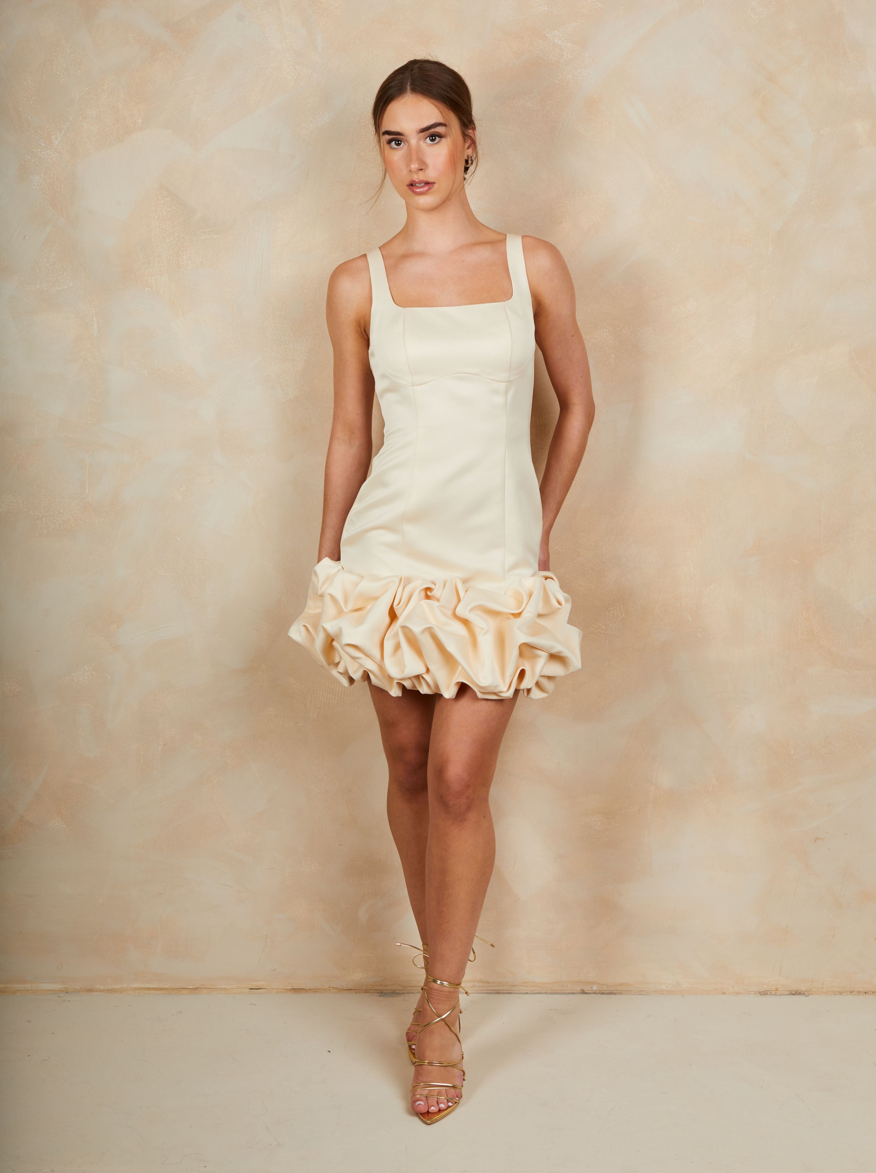 Ruffle Hem Satin Mini Dress in Cream