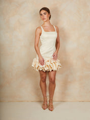 Ruffle Hem Satin Mini Dress in Cream