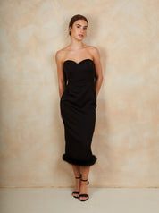 Faux Feather Trim Midi Dress in Black