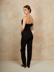 Faux Feather Trim Bandeau Jumpsuit in Black
