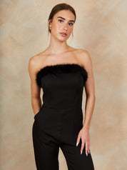 Faux Feather Trim Bandeau Jumpsuit in Black