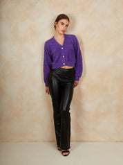 Fluffy Yarn Knitted Cardigan in Purple