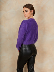 Fluffy Yarn Knitted Cardigan in Purple