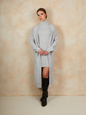 All-Over Knitted Cable Longline Cardigan in Grey