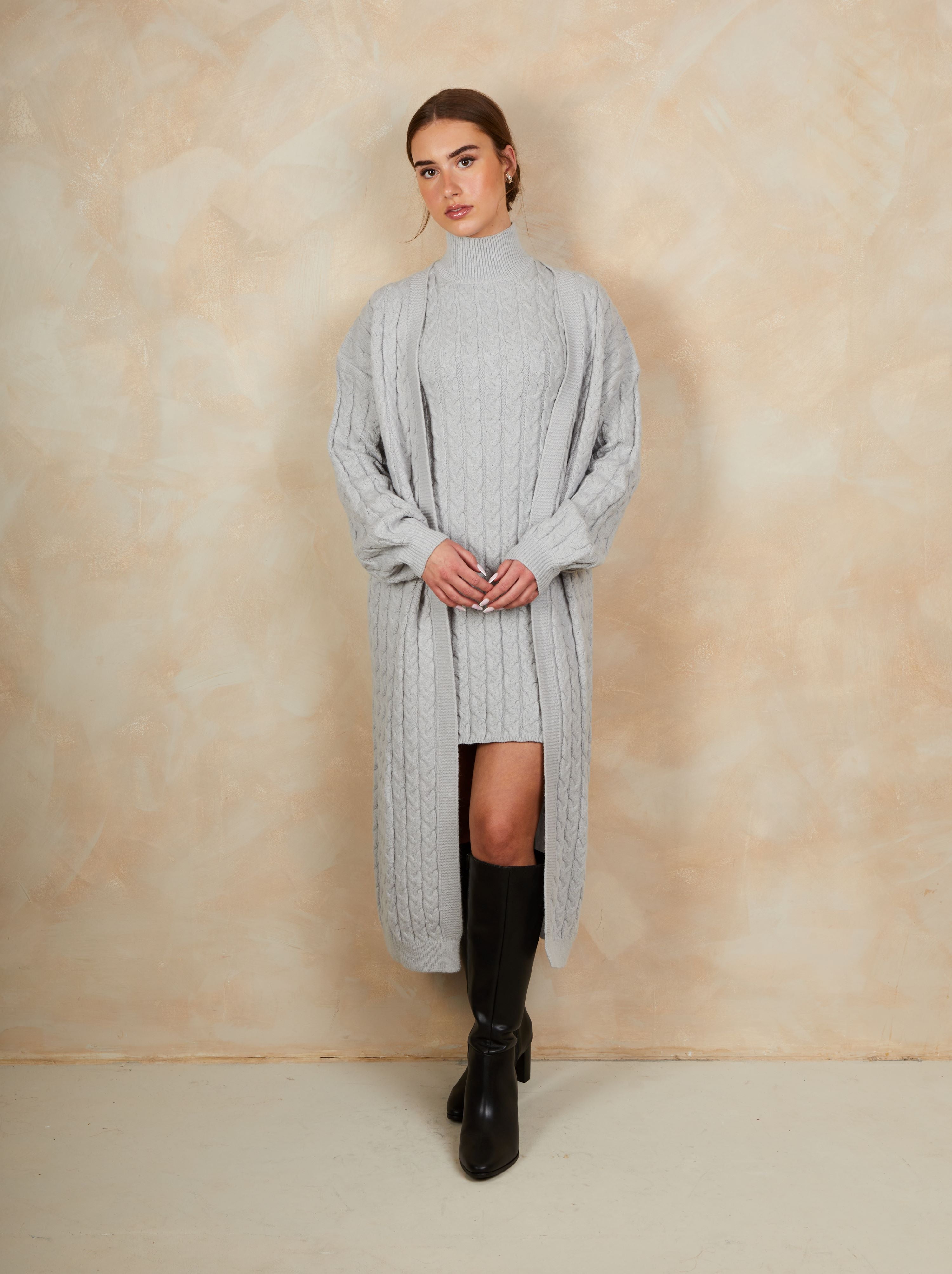 All-Over Knitted Cable Longline Cardigan in Grey