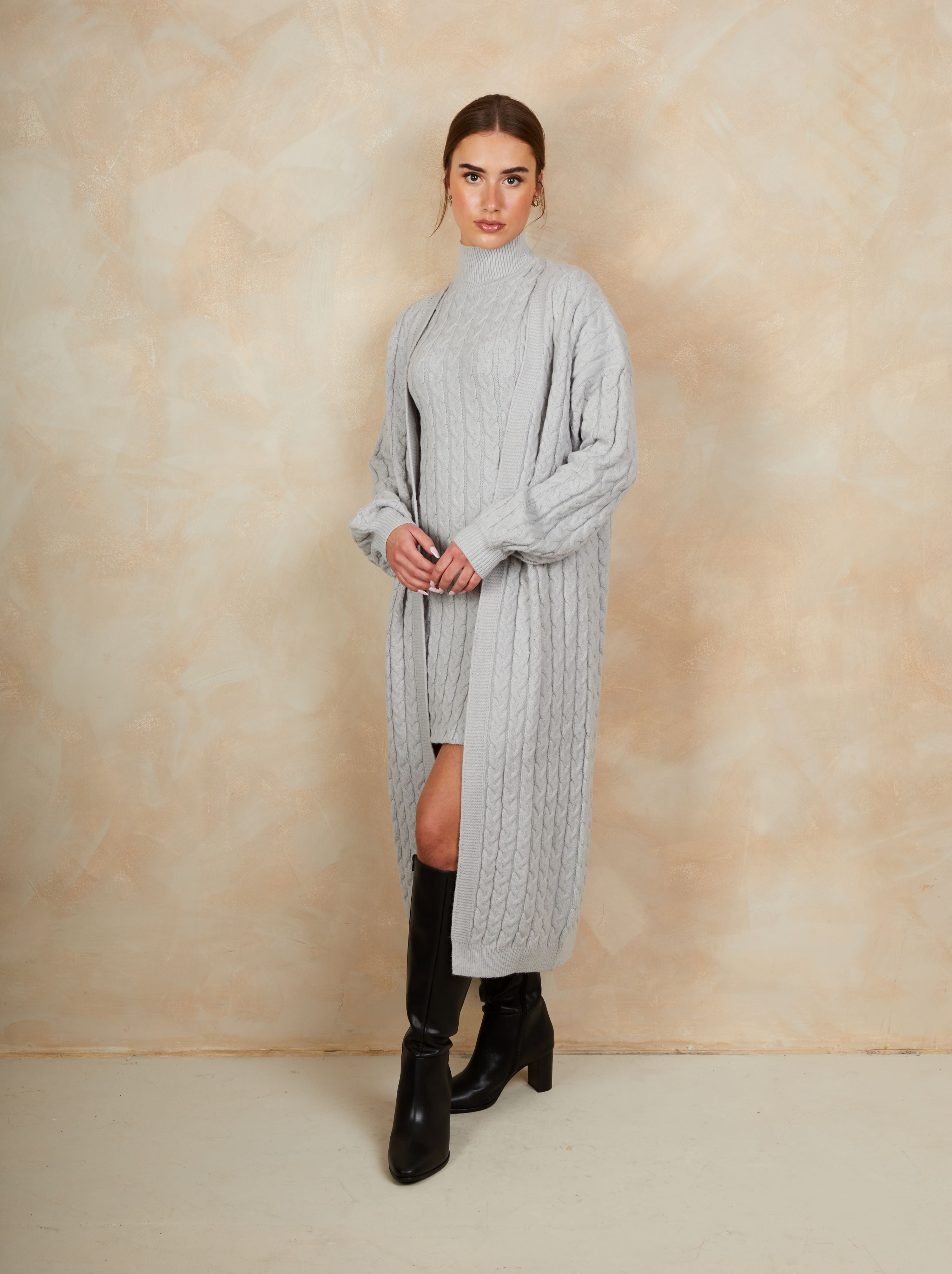 All-Over Knitted Cable Longline Cardigan in Grey