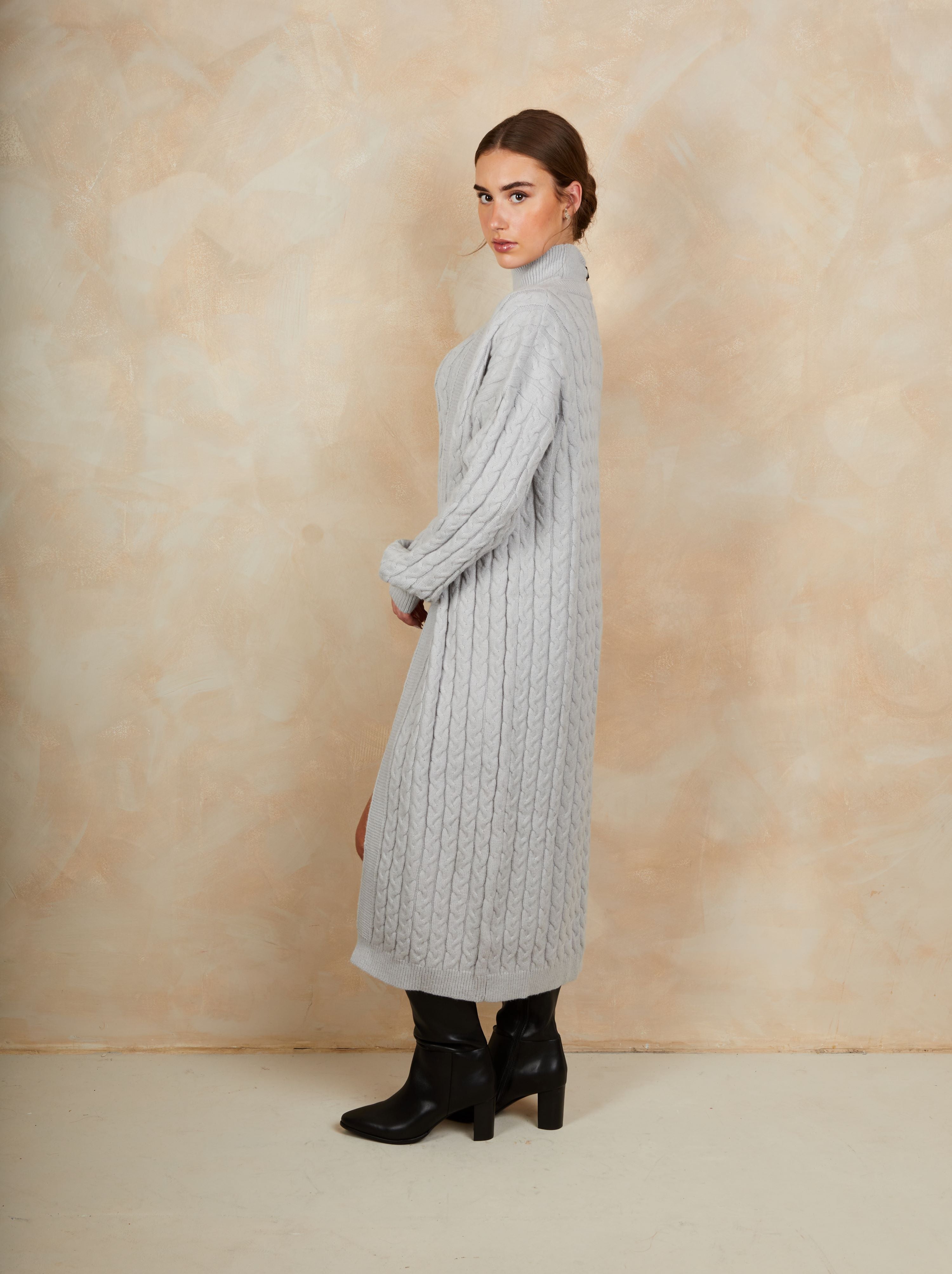 All-Over Knitted Cable Longline Cardigan in Grey