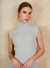 All-Over Knitted Cable High Neck Mini Dress in Grey