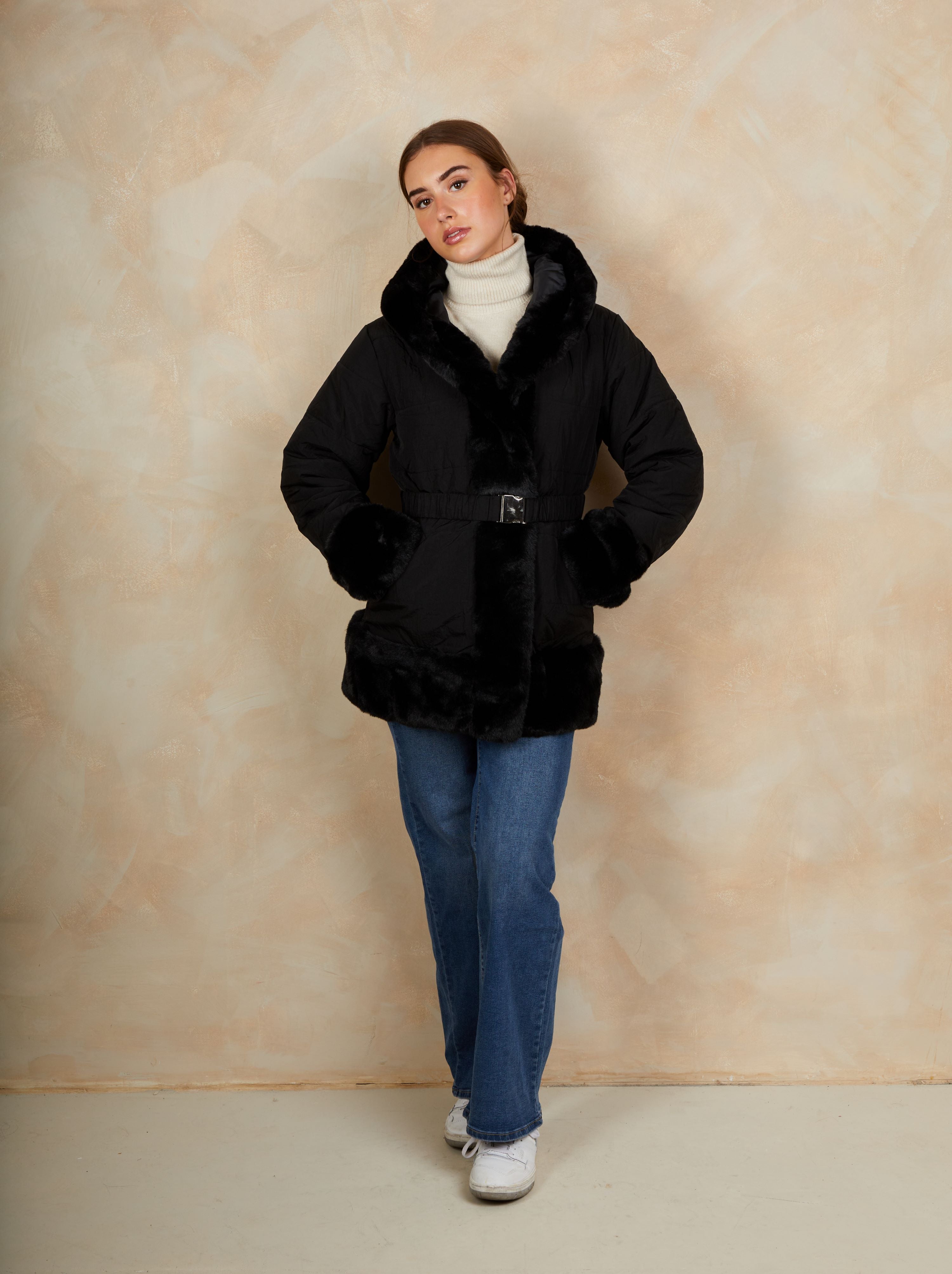 Faux Fur Belted Padded Coat in Black