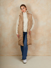 Diamond Quilt Detail Longline Padded Gilet in Tan
