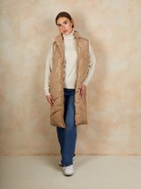Diamond Quilt Detail Longline Padded Gilet in Tan