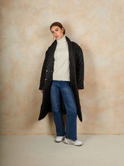 Diamond Quilted Longline Belted Coat in Black