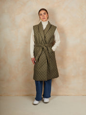 Diamond Quilted Longline Belted Gilet in Khaki