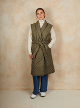 Diamond Quilted Longline Belted Gilet in Khaki